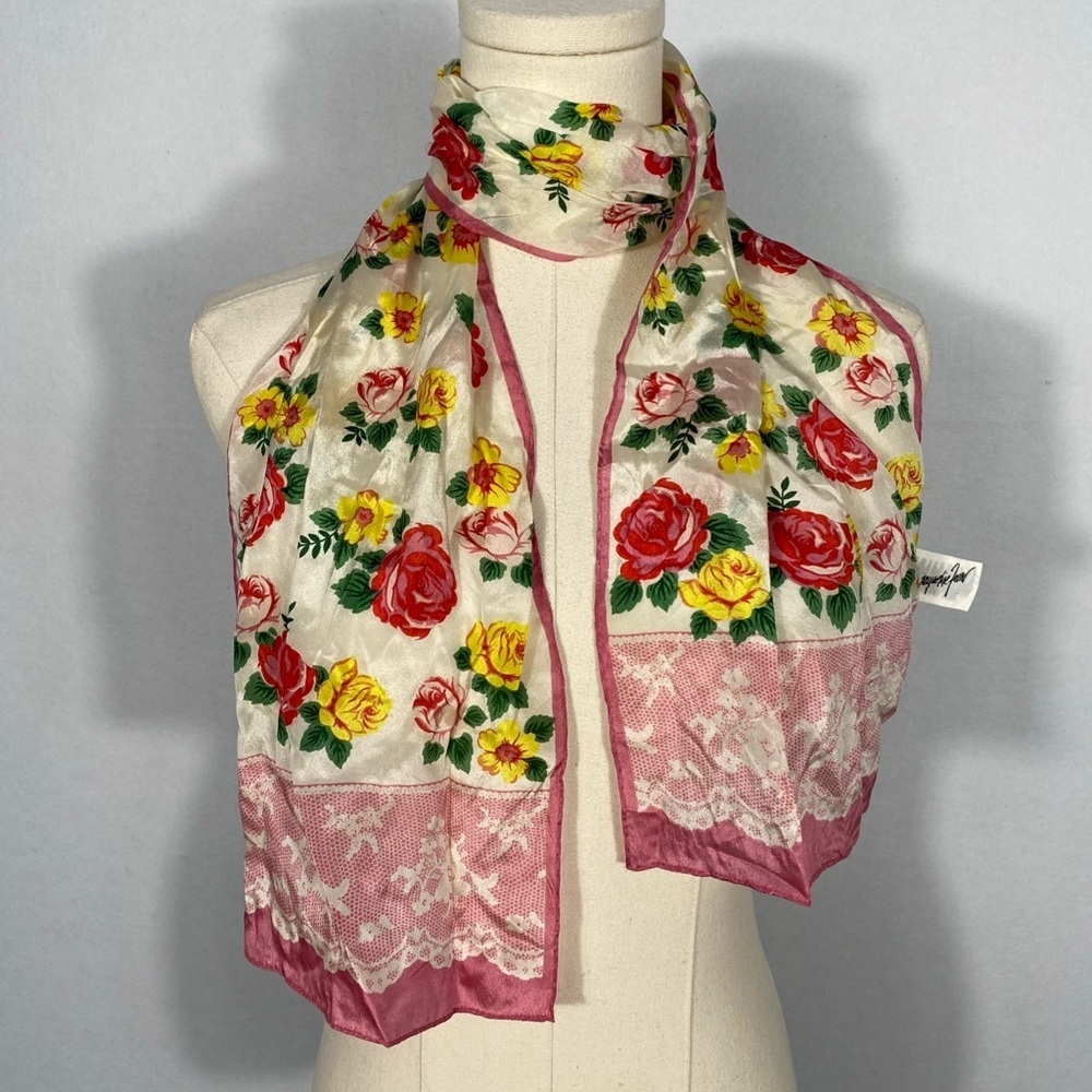 Vintage Jacqueline Ferrar 100% silk Floral Scarf with Pink and Yellow Accents
